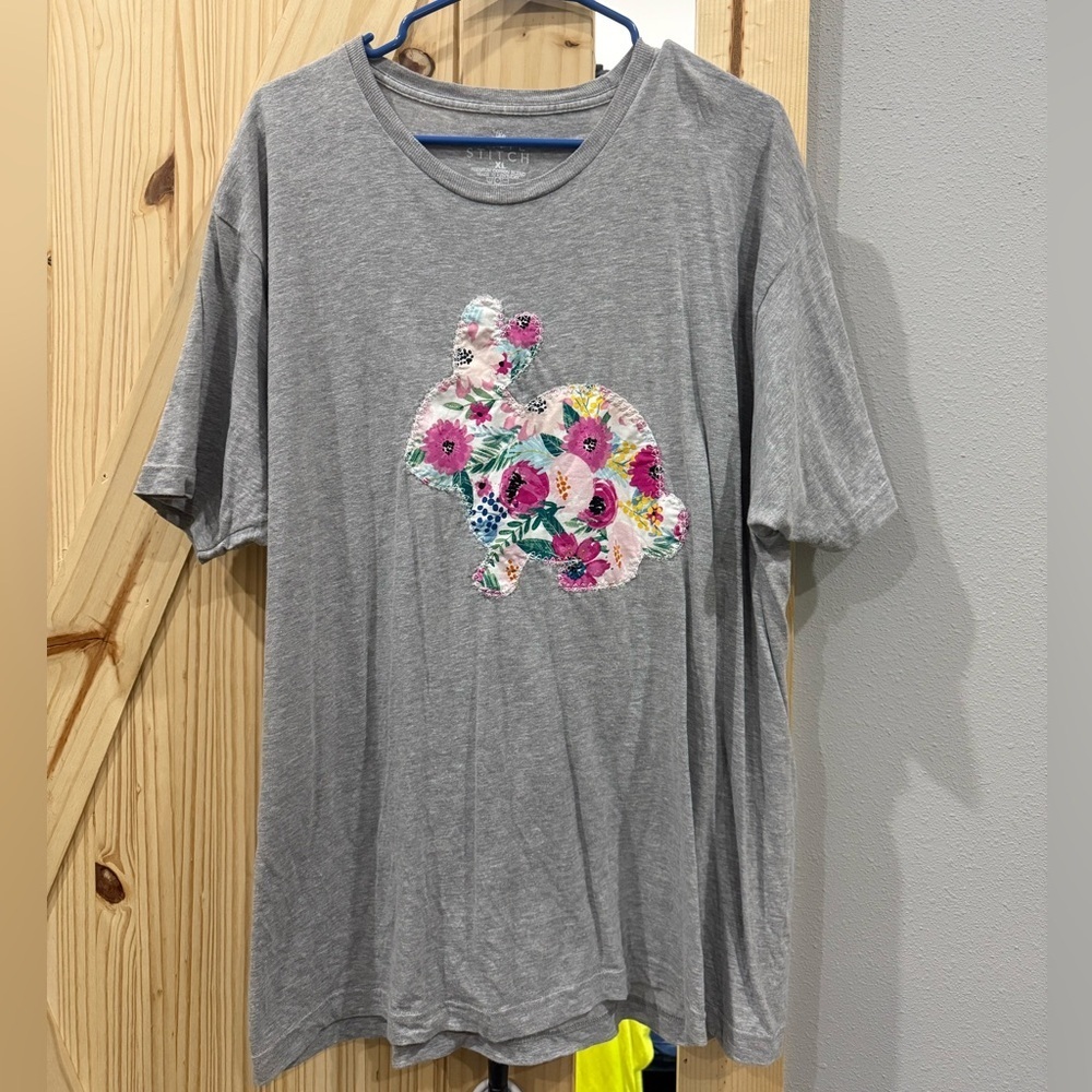 Gray T-Shirt with Floral Bunny Design